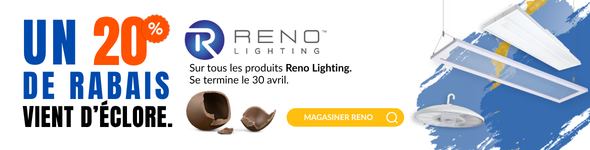 Économies de 20 % sur tous les produits Reno Lighting. Valide jusqu'au 30 avril. Magasinez Reno Lighting chez Lumenco.ca