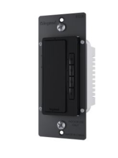 Legrand radiant black fan timer with four push buttons.